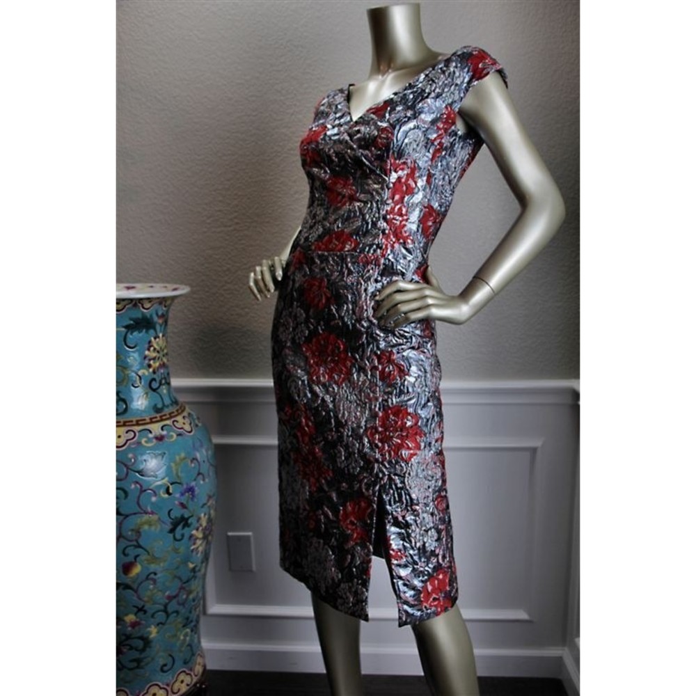 NWT ERDEM Silver Pink Red Metallic Lame Floral Flower Sheath Dress 4